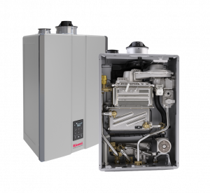 Picture of the Rinnai I-SERIES condensing gas boiler opened up.